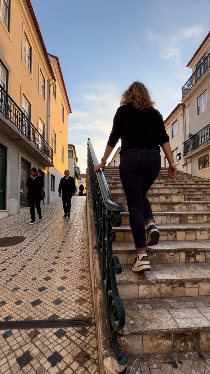 Golden Hour Lisbon Street Scene with Stair Rail and Traditional Pastries in in Lisbon, Portugal
