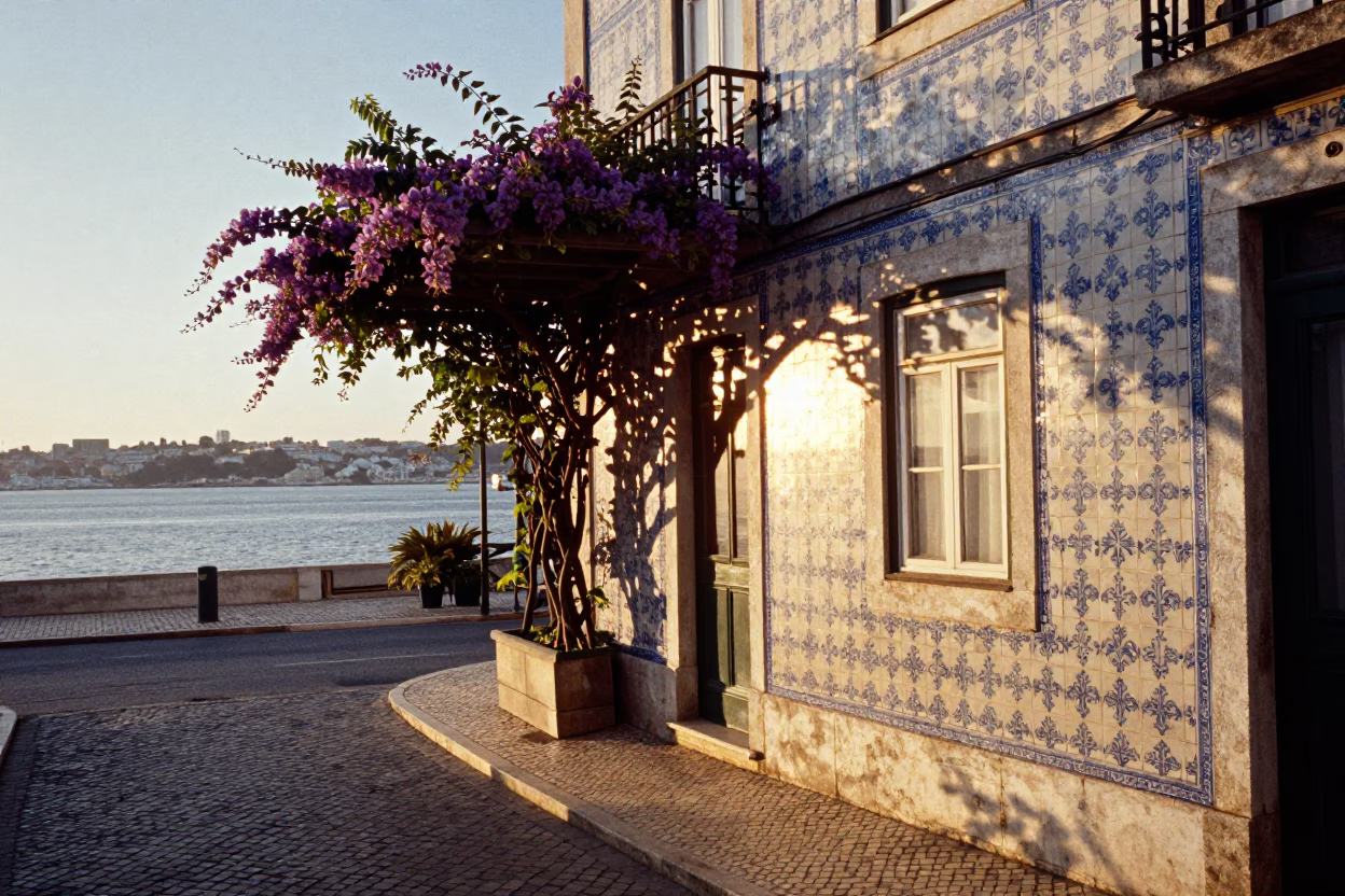 Golden Hour Lisbon Street Scene with Traditional Tile Architecture and Harbor Views in in Lisbon, Portugal