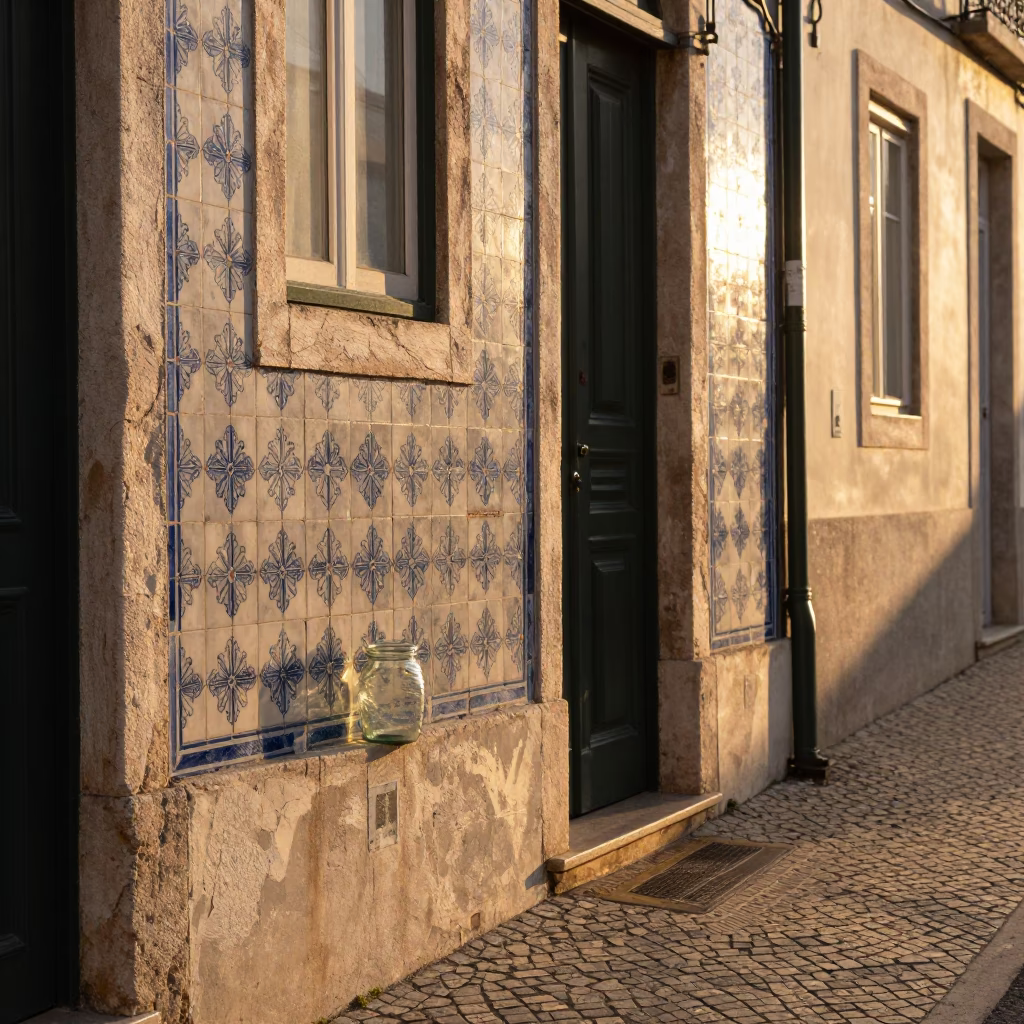 Golden Hour Lisbon Street Scene with Traditional Tiles and Glass Jar in in Lisbon, Portugal