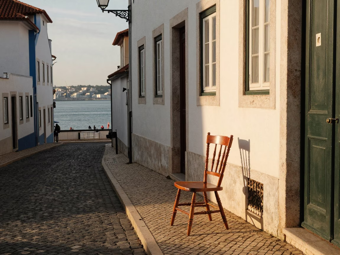 Golden Hour Lisbon Street Scene with Vintage Spindle Chair and Harbor View in in Lisbon, Portugal