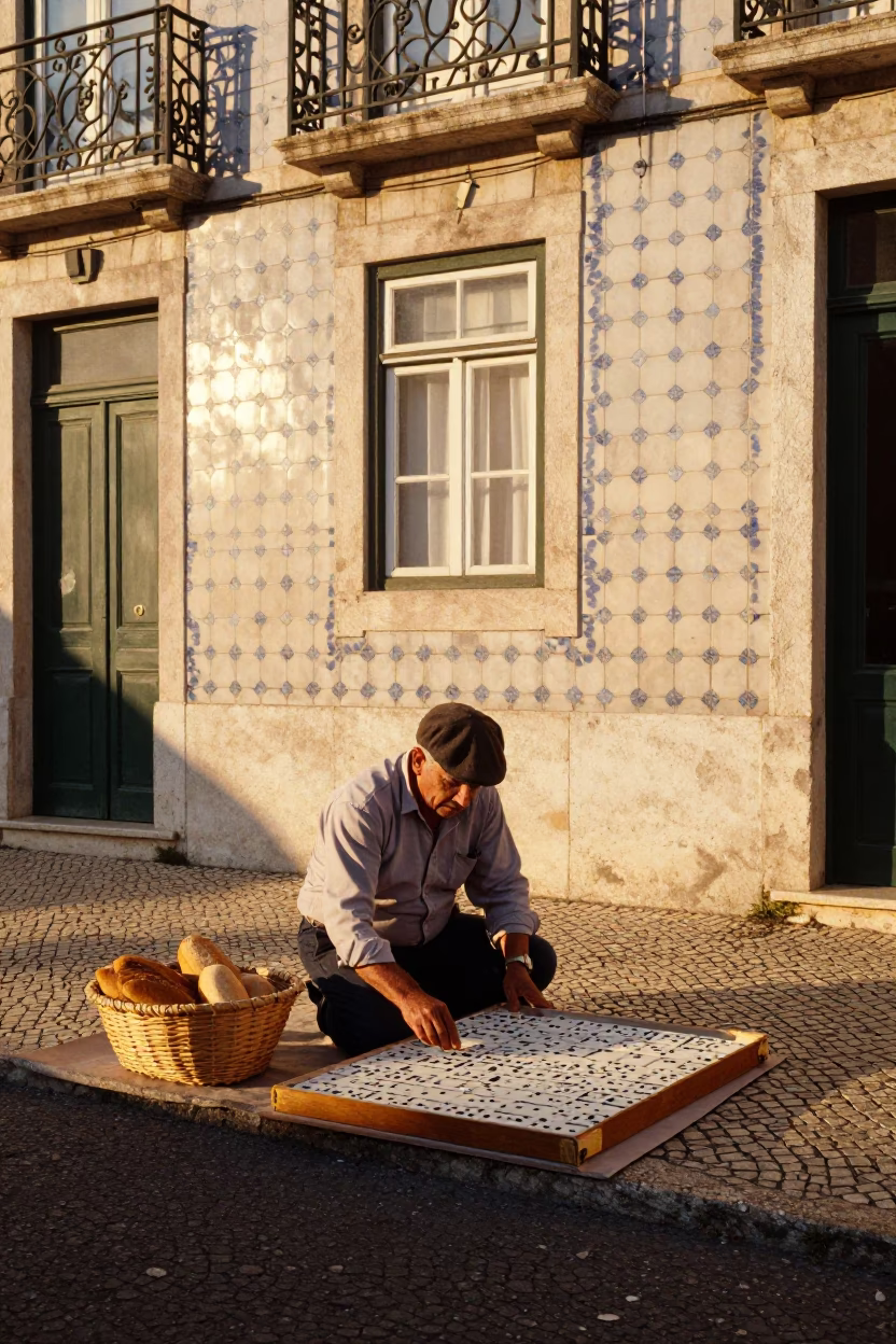 Golden Hour Lisbon Street Scene with Woven Bread Basket and Domino Game in in Lisbon, Portugal