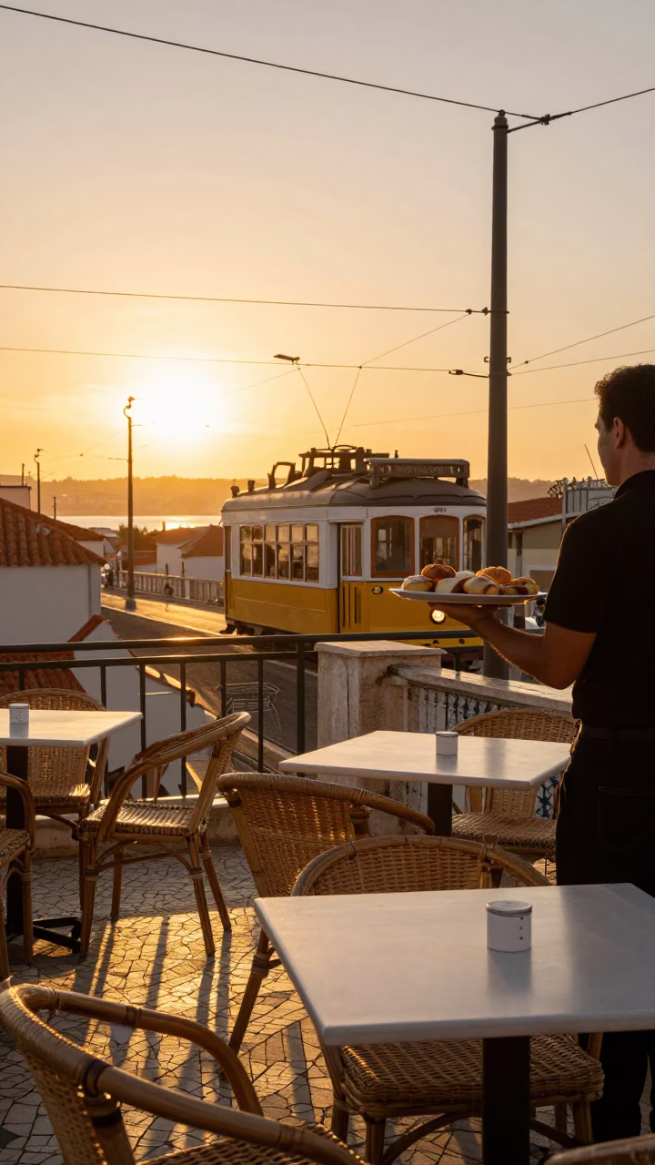 Golden Hour Lisbon Terrace View with Tram 28 and Traditional Pastries in in Lisbon, Portugal
