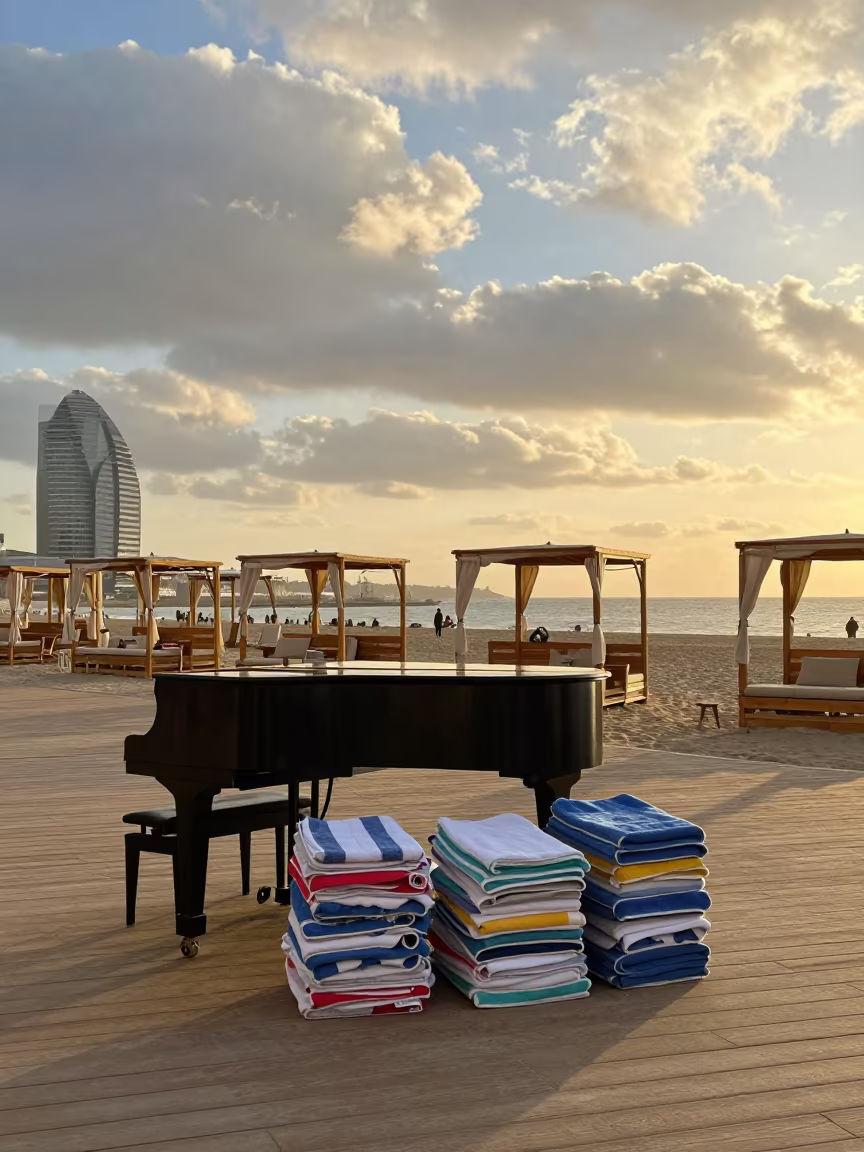 Golden Hour Lobby Piano Beach Towels Barcelona in along a beachfront cabana row in Poble Sec, Barcelona