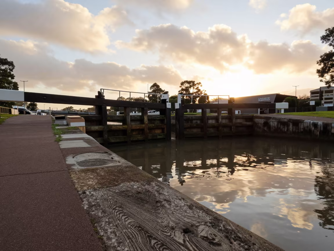 Golden Hour Lock Gates Sydney Levee Path in along a levee path above floodwater in Sydney