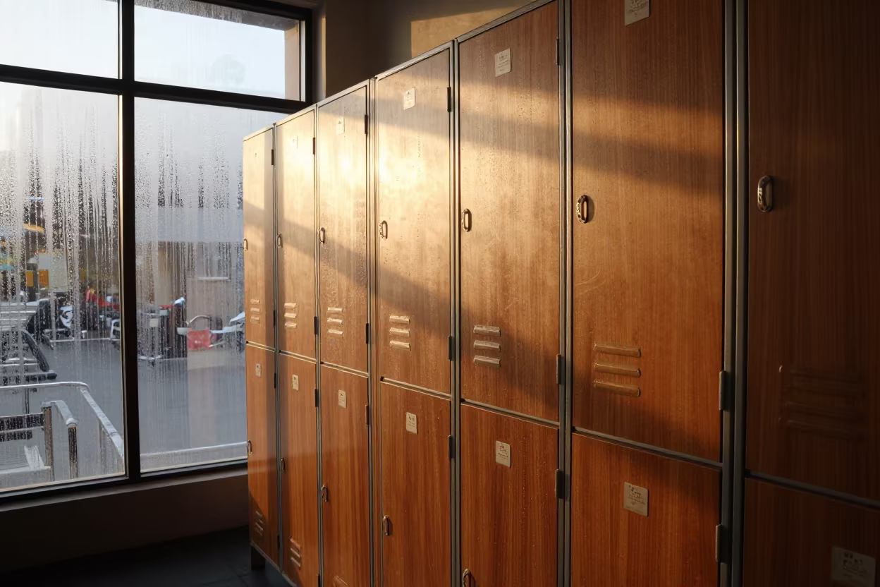 Golden Hour Locker Cubbies Spin Studio Lima in inside a spin studio under class lights in Centro Historico, Lima