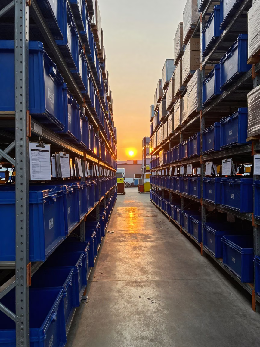 Golden Hour Logistics Depot with Route Bins in inside a warehouse aisle in San Jose