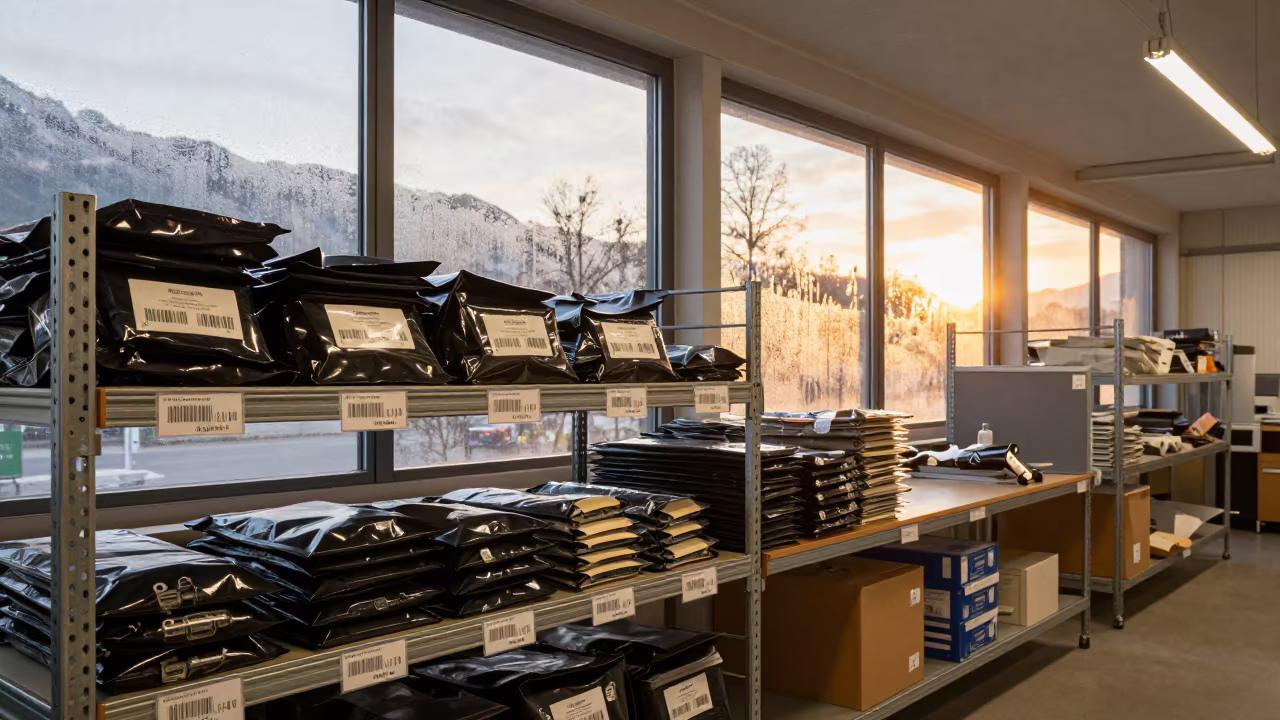 Golden Hour Logistics Shelf with Antistatic Bags in at a fulfillment packing station in Interlaken