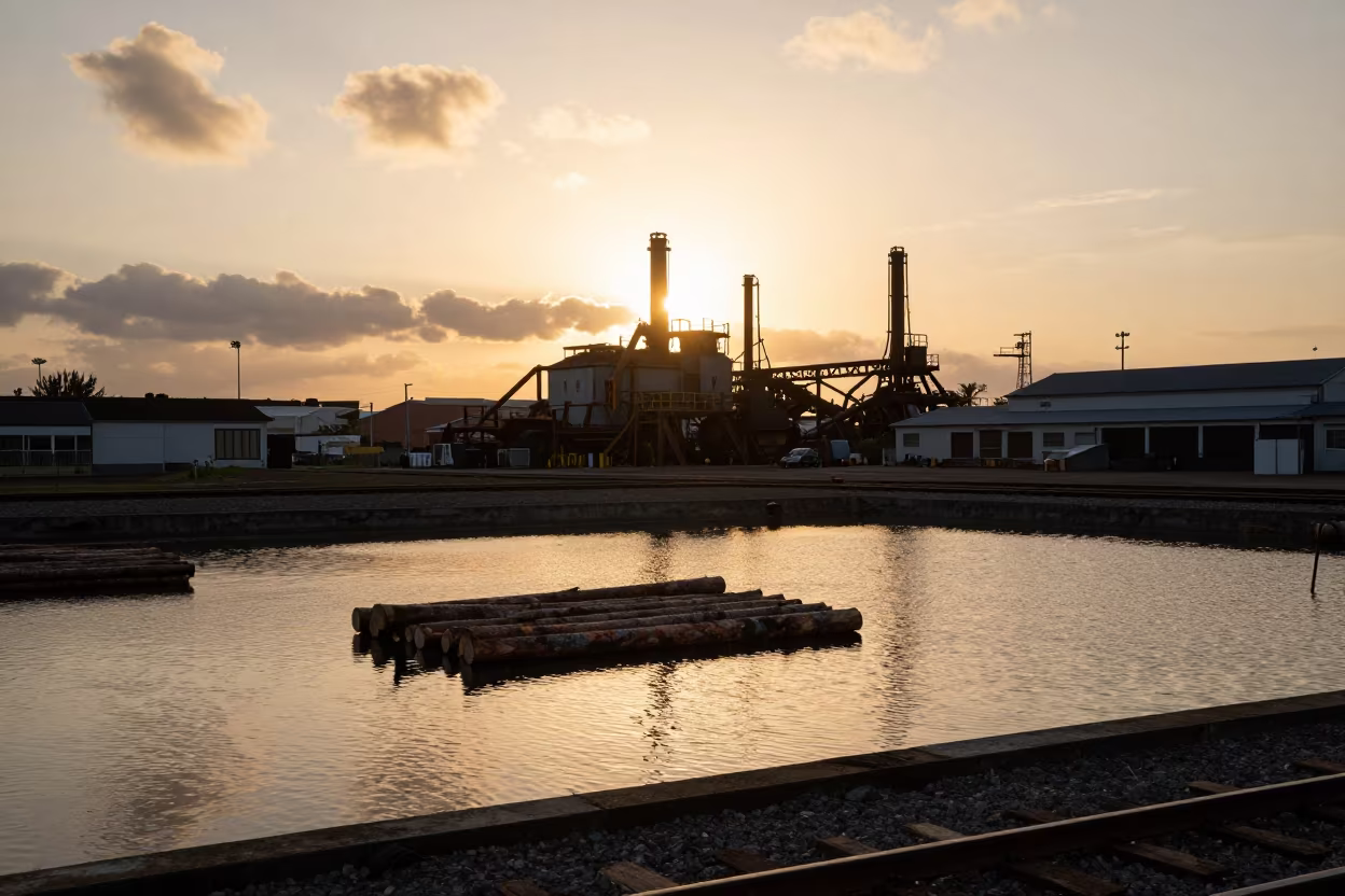 Golden Hour Logs Floating in Sawmill Holding Pond in at a rail yard near Naha