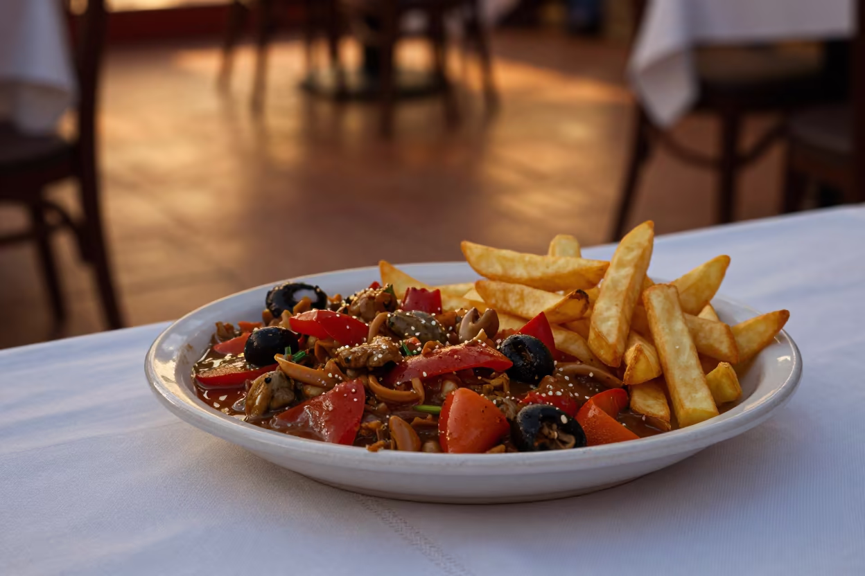 Golden Hour Lomo Saltado with Fries in on a linen-covered restaurant table in St Johns