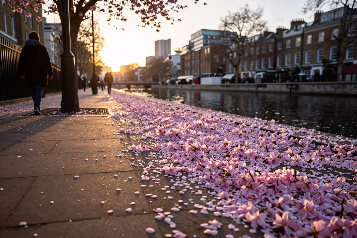 Golden Hour London Street Scene with Fallen Petals and Urban Canal Life in in London, United Kingdom