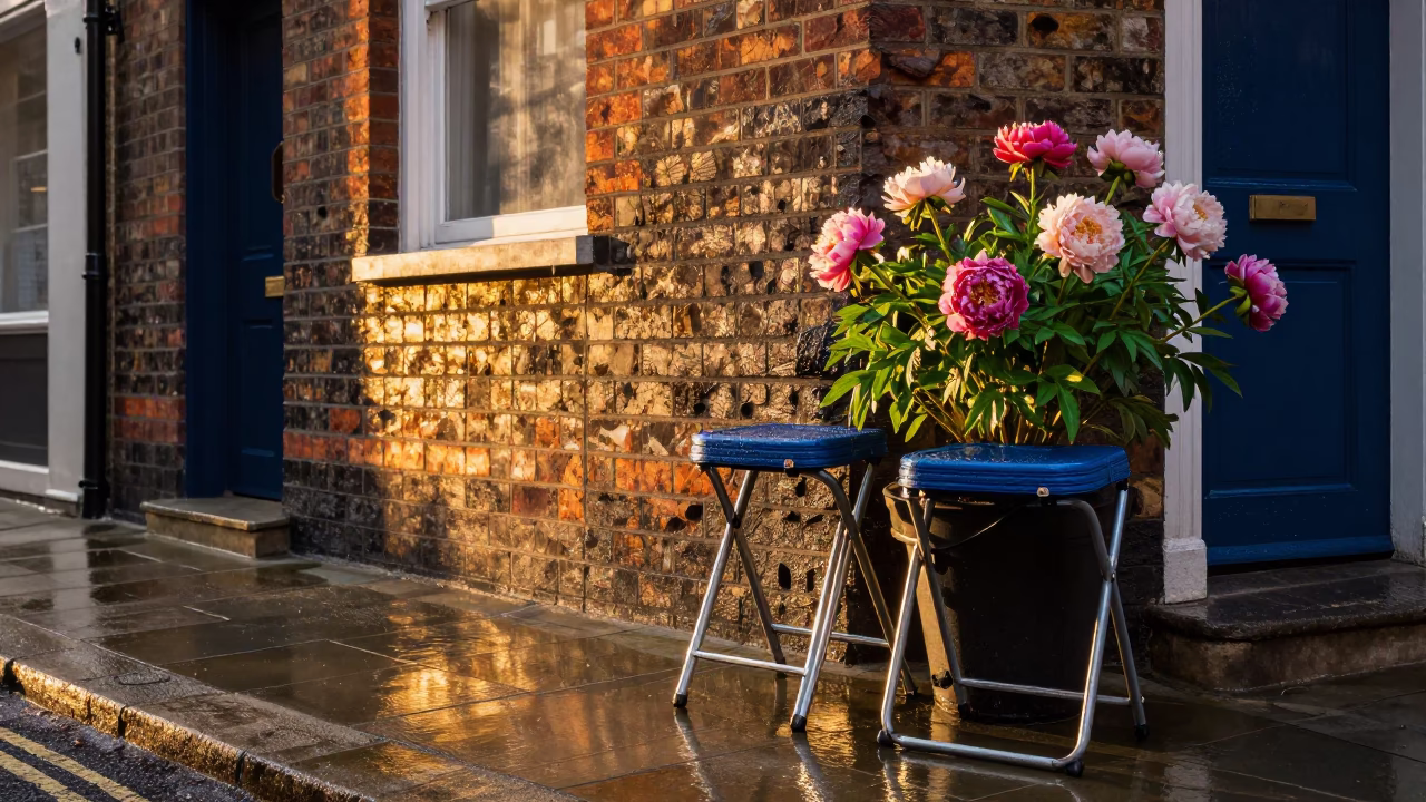 Golden Hour London Street Scene with Folding Stools and Rain-Soaked Peonies in in London, United Kingdom