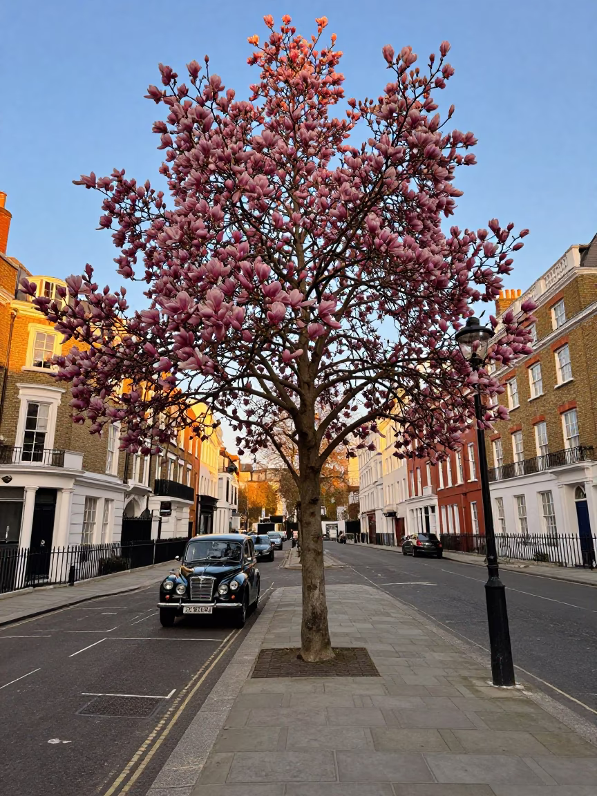 Golden Hour London Street Scene with Magnolia Bloom and Classic Car in in London, United Kingdom