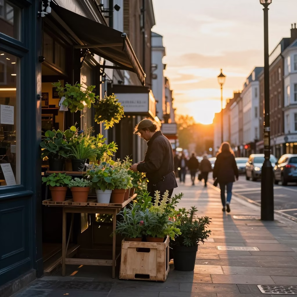 Golden Hour London Street Scene with Potted Herbs and Vintage Atmosphere in in London, United Kingdom