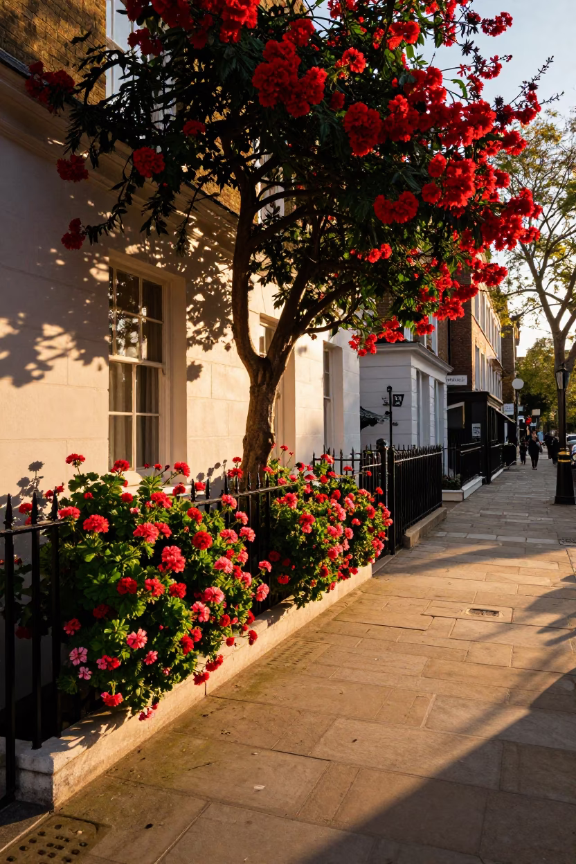 Golden Hour London Street Scene with Red Flame Tree and Geraniums in Window Box in in London, United Kingdom