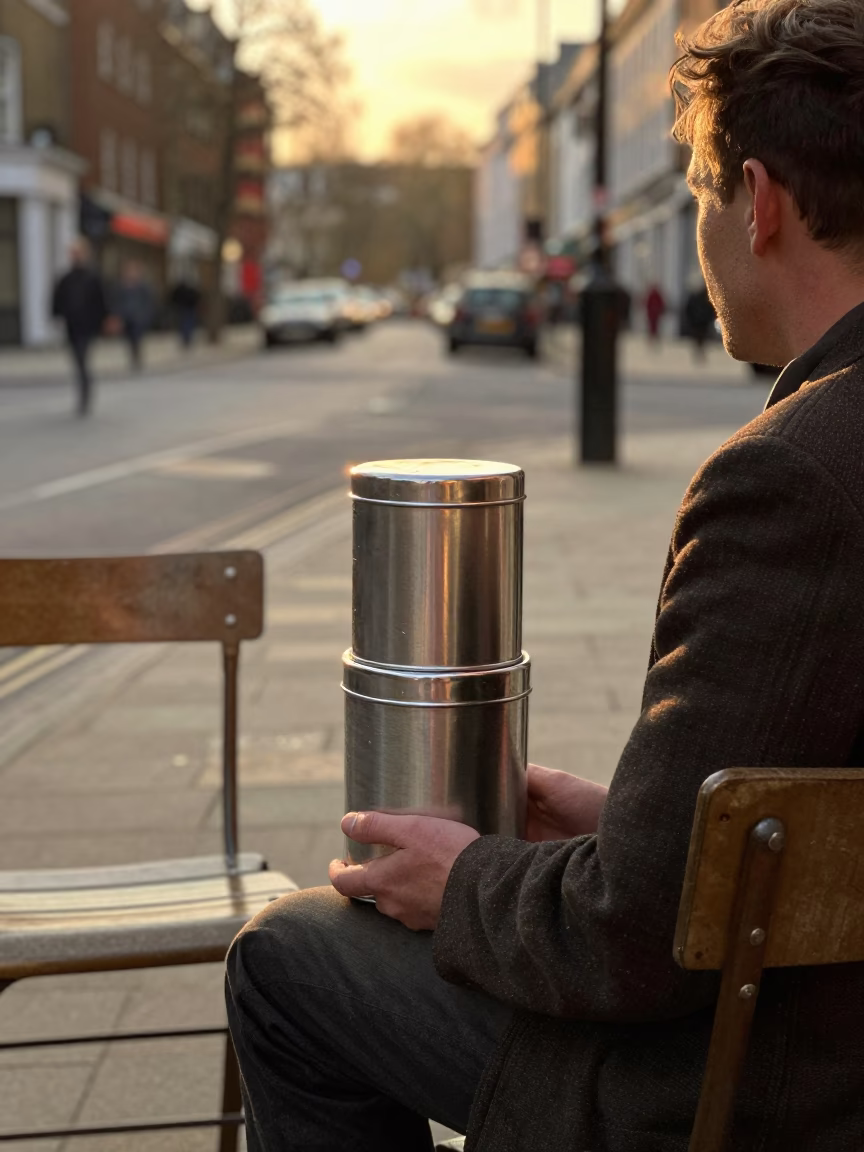 Golden Hour London Street Scene with Tiffin Tin and Chair in in London, United Kingdom