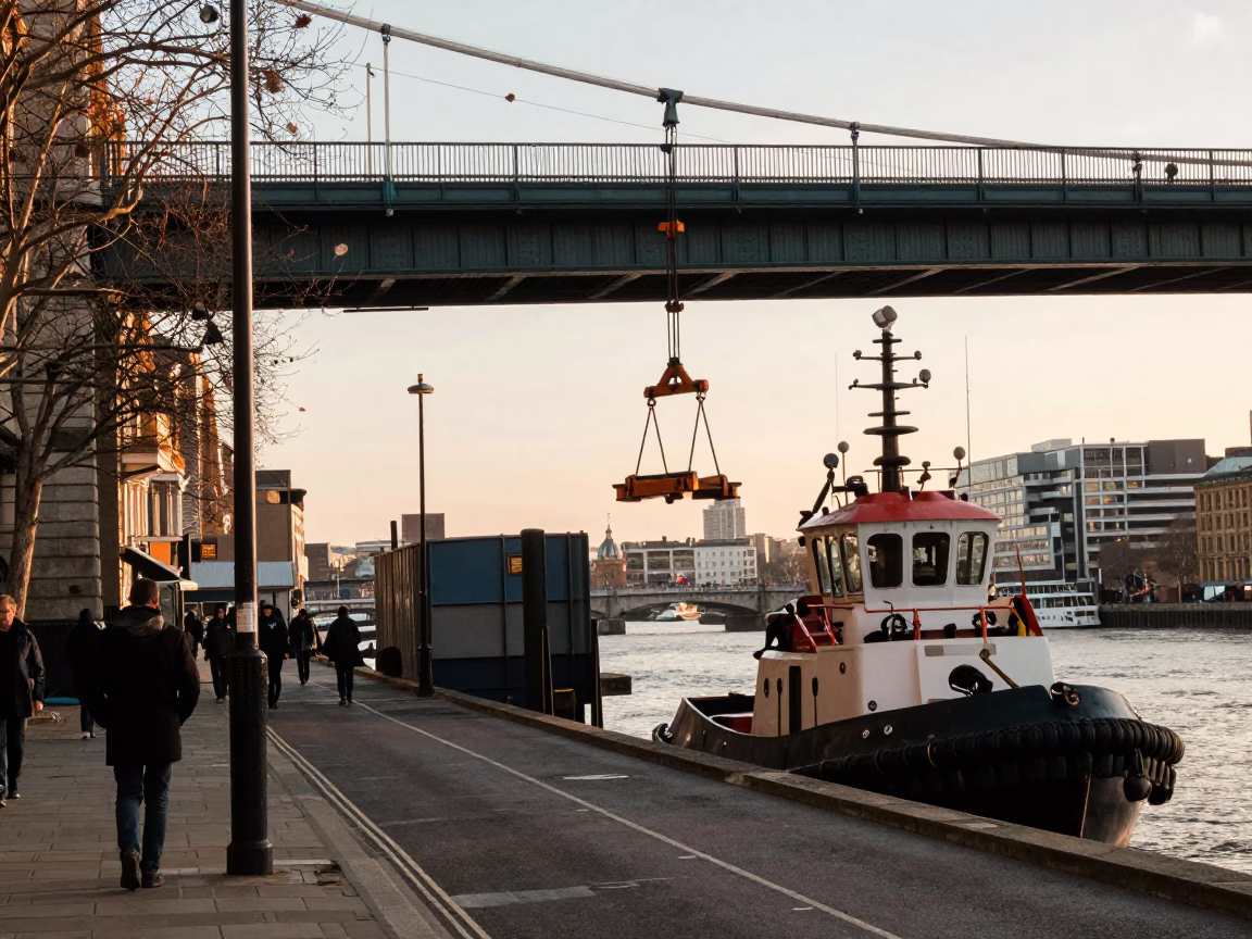 Golden Hour London Street Scene with Tugboat and Bridge Maintenance Cradle in in London, United Kingdom