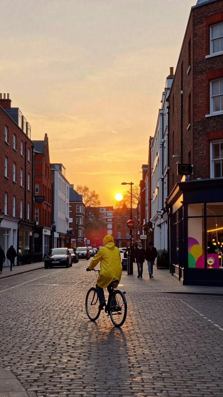 Golden Hour London Street Scene with Vintage 1980s Aesthetic and Urban Details in in London, United Kingdom