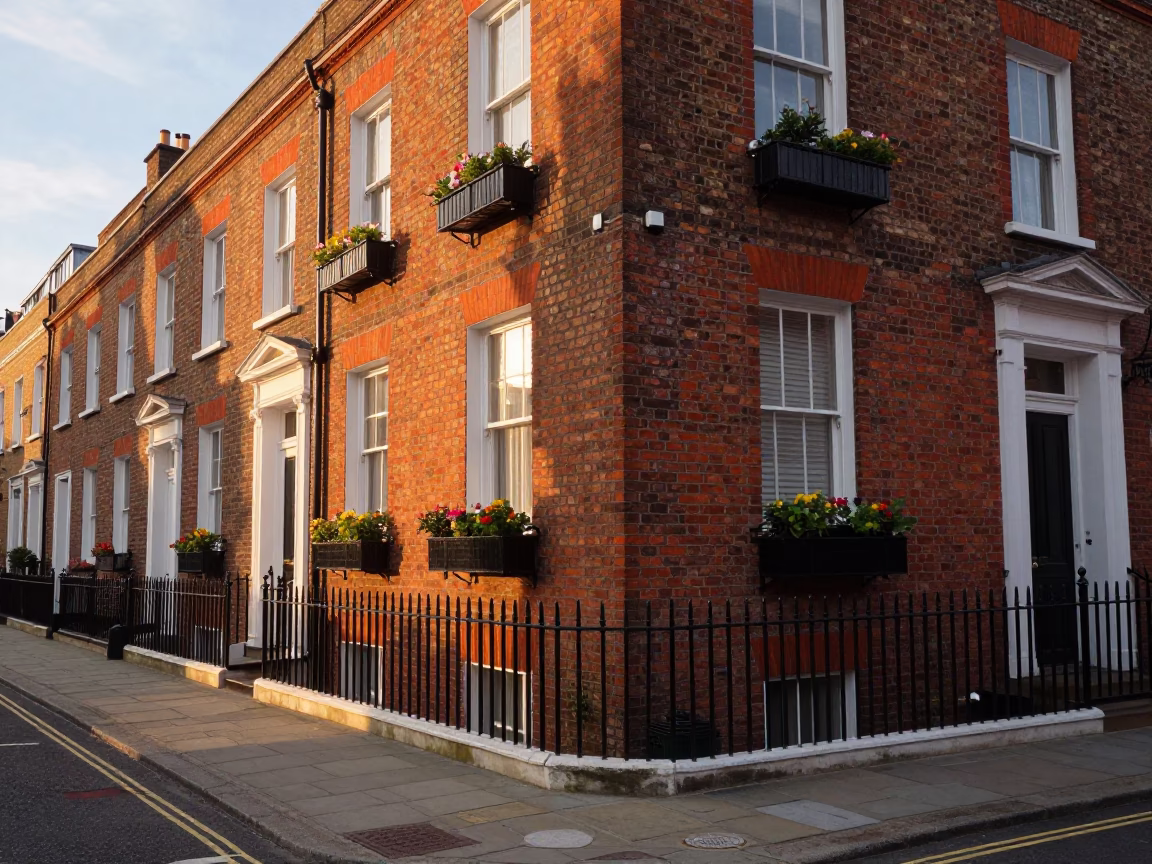 Golden Hour London Street Scene with Window Boxes and Vintage Charm in in London, United Kingdom