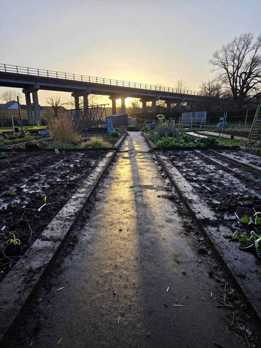 Golden Hour London Viaduct Shadow Across Rain-Washed Allotment Gardens in in London, United Kingdom