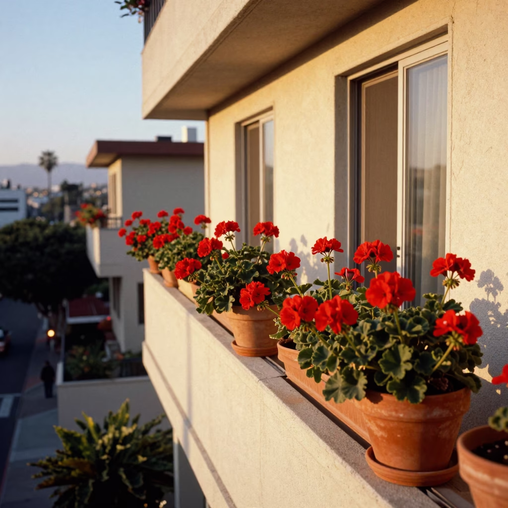 Golden Hour Los Angeles Balcony With Geraniums And Vintage Decor in in Los Angeles, California, United States