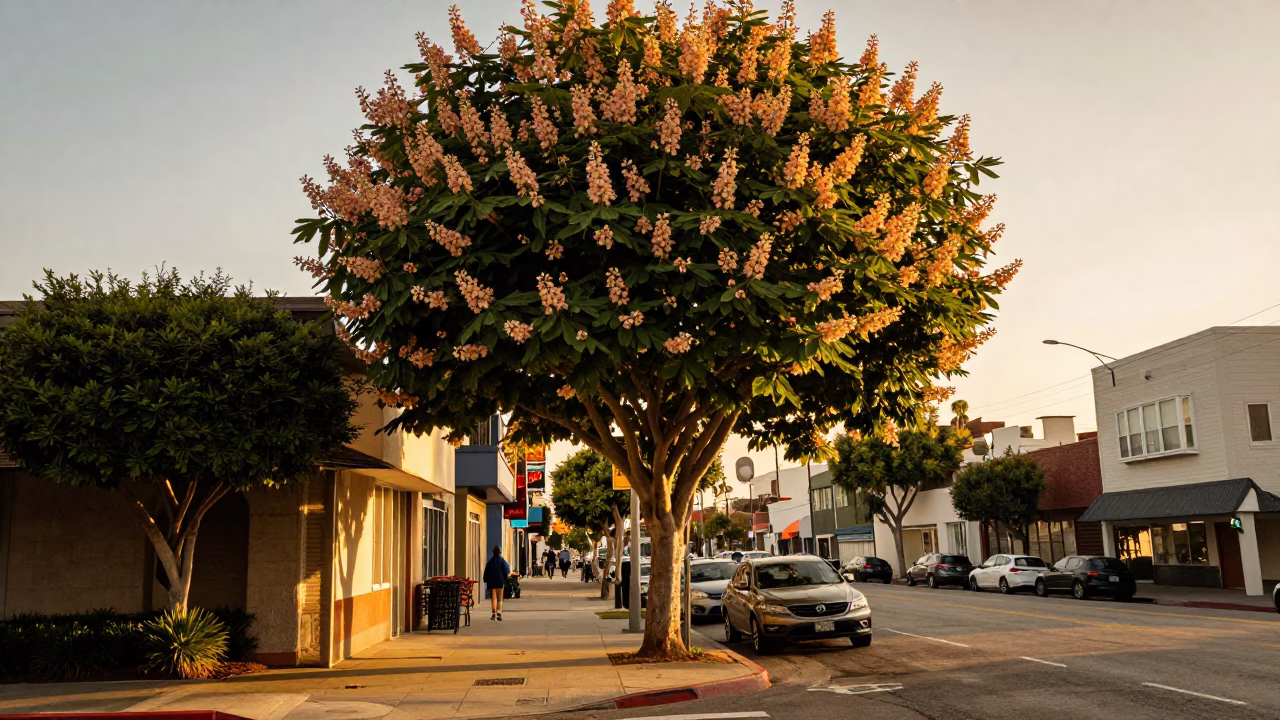 Golden Hour Los Angeles Street Scene with Chestnut Tree and Urban Details in in Los Angeles, California, United States