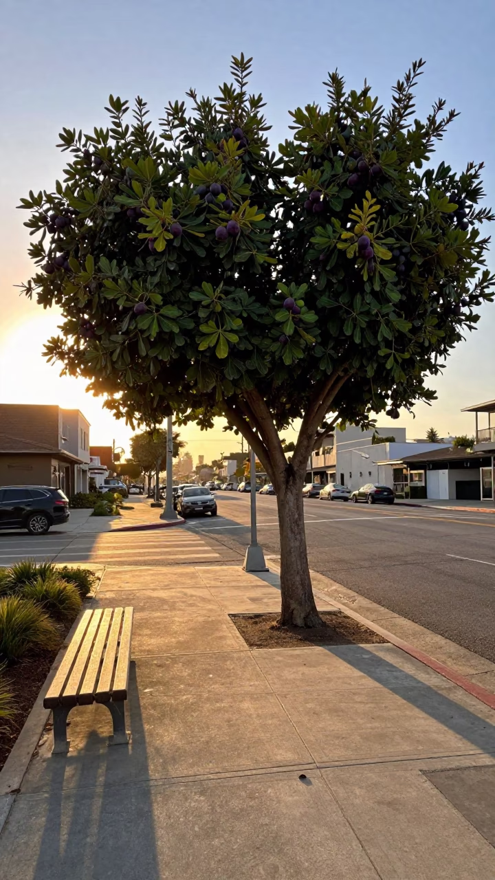 Golden Hour Los Angeles Street Scene with Fig Tree and Urban Bench in in Los Angeles, California, United States