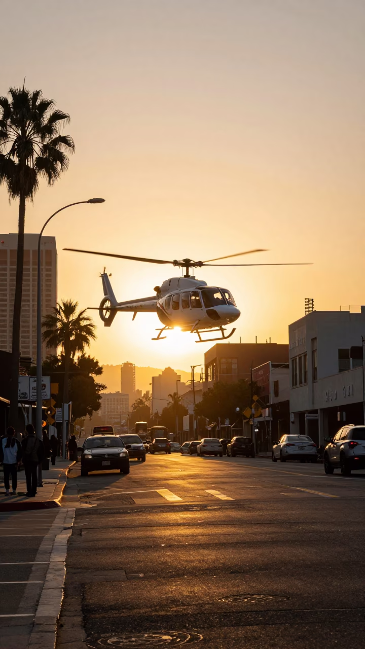 Golden Hour Los Angeles Street Scene with Helicopter Lifting Off at Sunset in in Los Angeles, California, United States