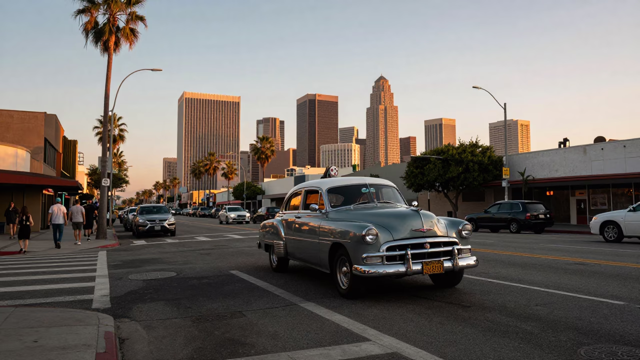 Golden Hour Los Angeles Street Scene with Vintage Car and City Skyline in in Los Angeles, California, United States