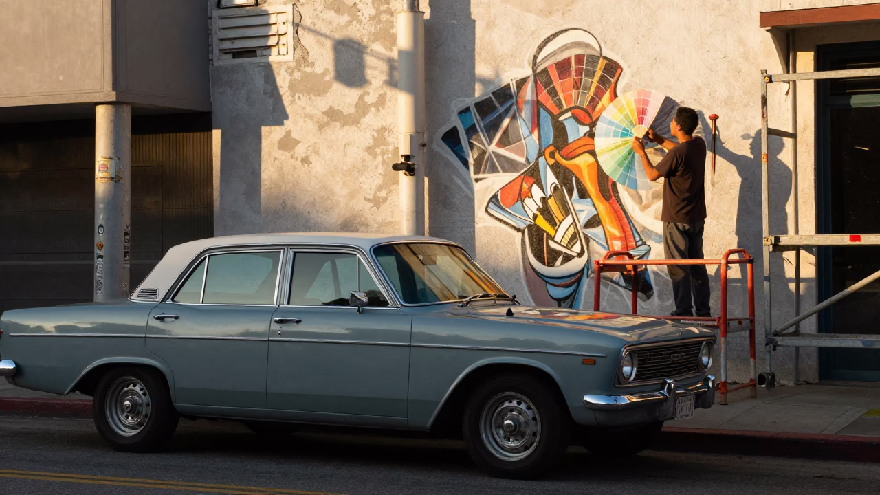 Golden Hour Los Angeles Street Scene with Vintage Car and Muralist Sample Swatches in in Los Angeles, California, United States