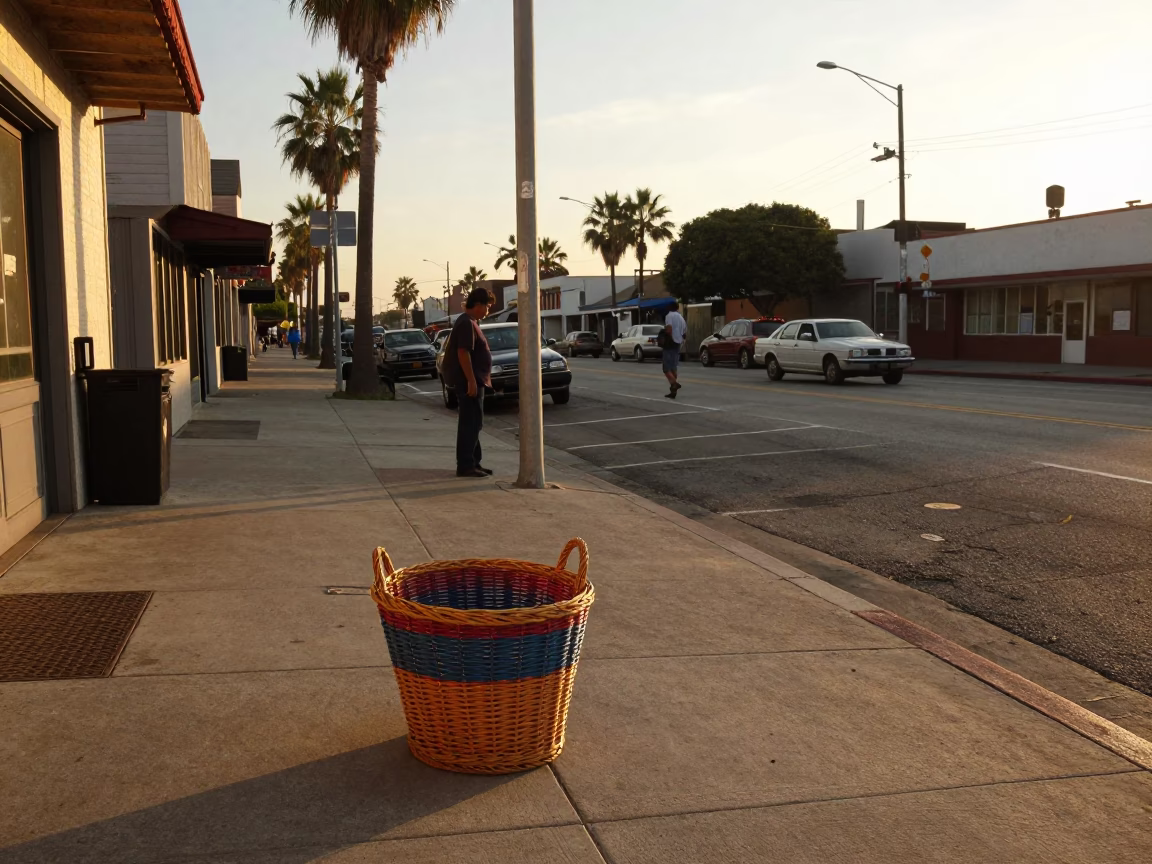 Golden Hour Los Angeles Street Scene with Vintage Laundry and Local Life in in Los Angeles, California, United States