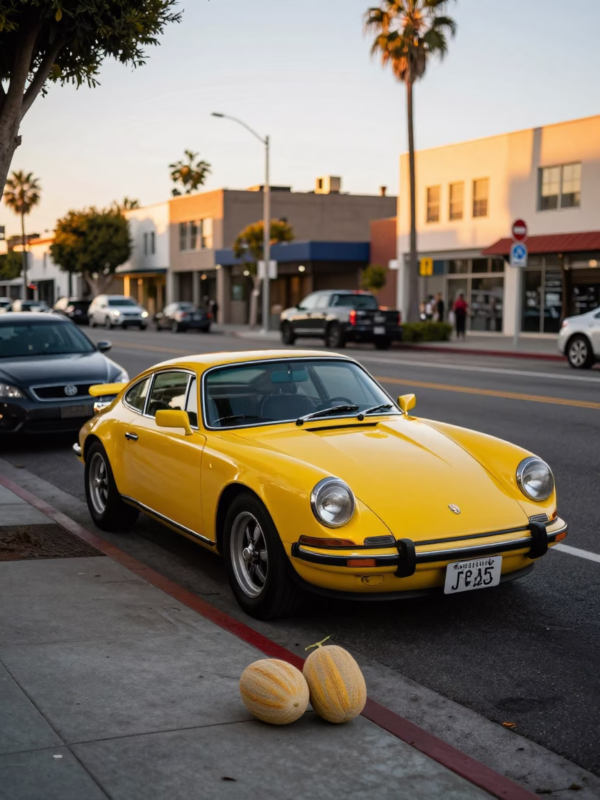 Golden Hour Los Angeles Street Scene with Vintage Sports Car and Melons in in Los Angeles, California, United States