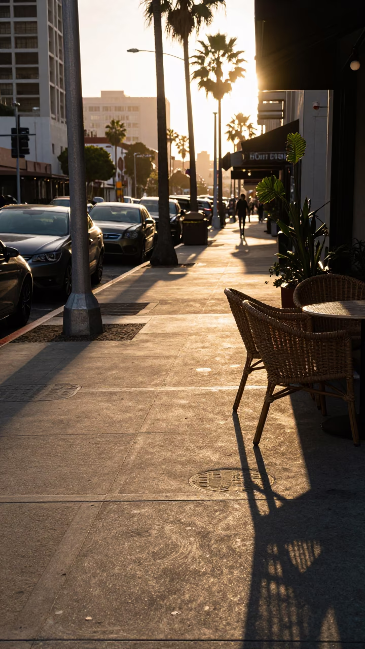 Golden Hour Los Angeles Street Scene with Wicker Shadow and Urban Details in in Los Angeles, California, United States