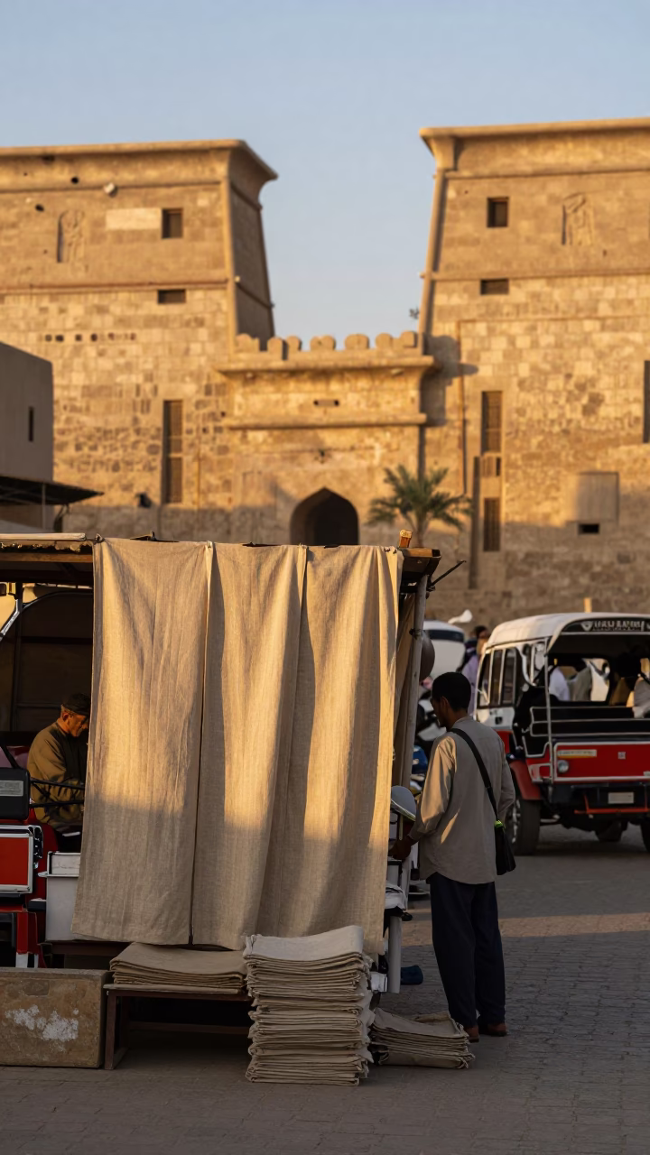 Golden Hour Luxor Street Scene with Linen Curtains and Traditional Transport in in Luxor, Egypt