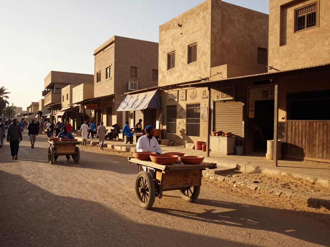 Golden Hour Luxor Street Scene with Terracotta Bowl and Local Commerce in in Luxor, Egypt
