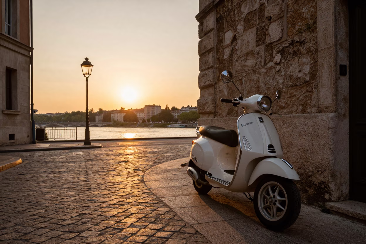 Golden Hour Lyon Street Scene with Vintage Vespa and Baguette Shop in in Lyon, France