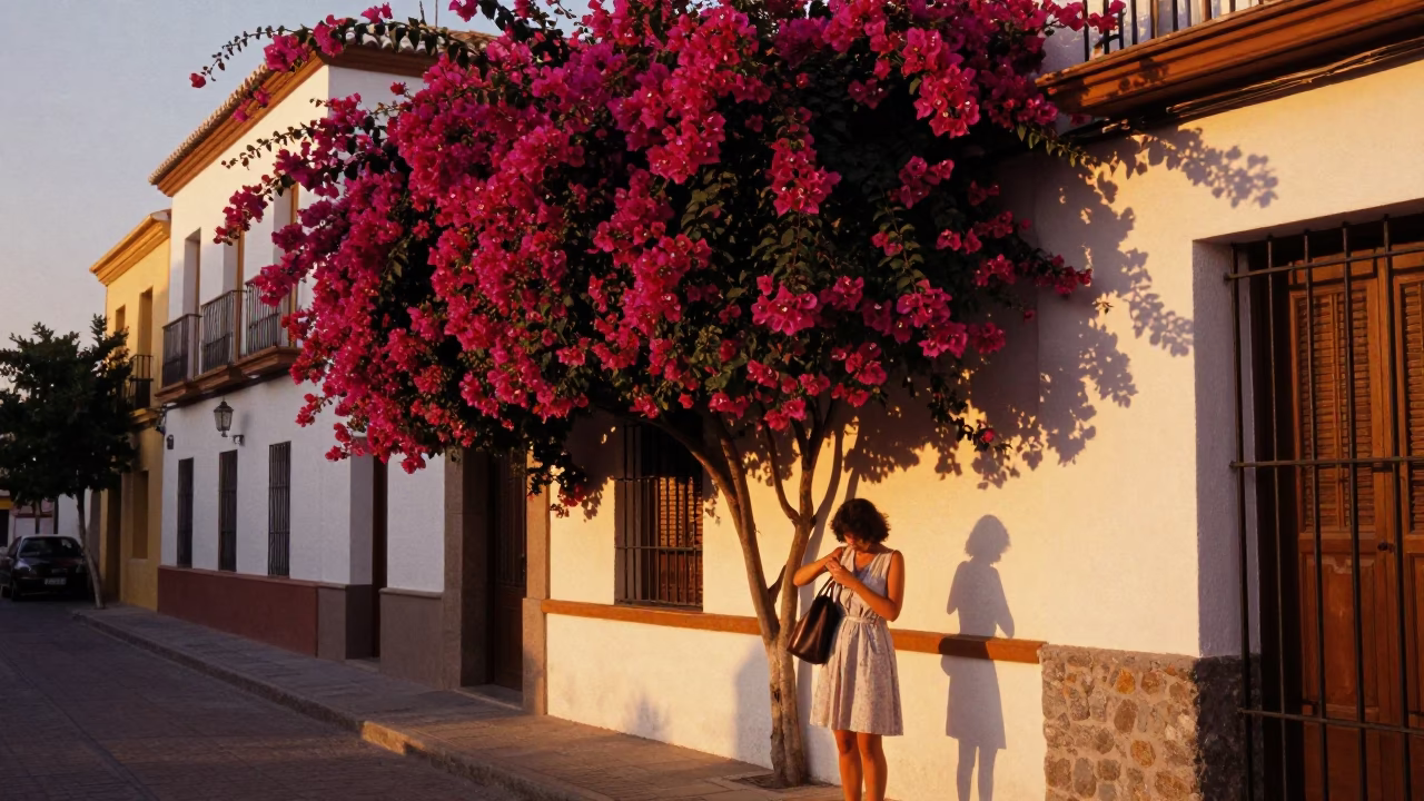 Golden Hour Madrid Street Scene with Bougainvillea and Local Pedestrians in in Madrid, Spain