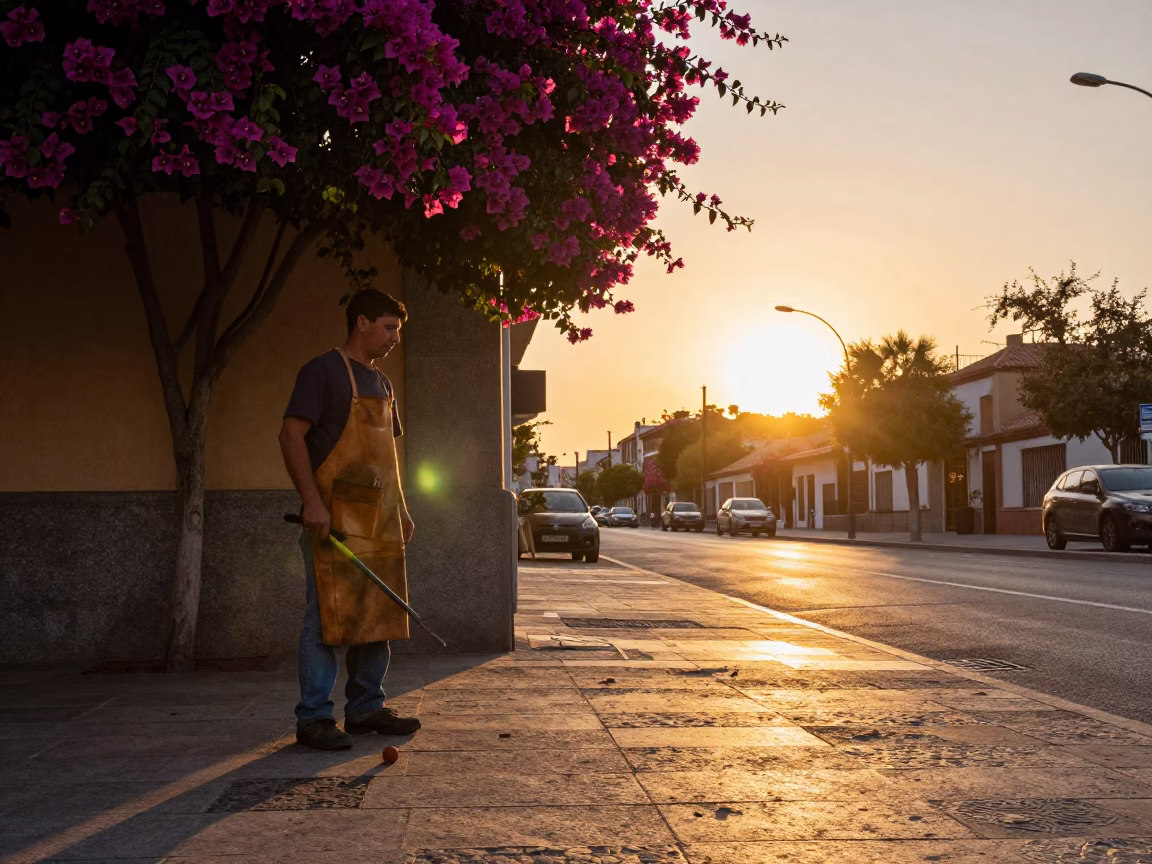 Golden Hour Madrid Street Scene with Bougainvillea and Tool Aprons in in Madrid, Spain