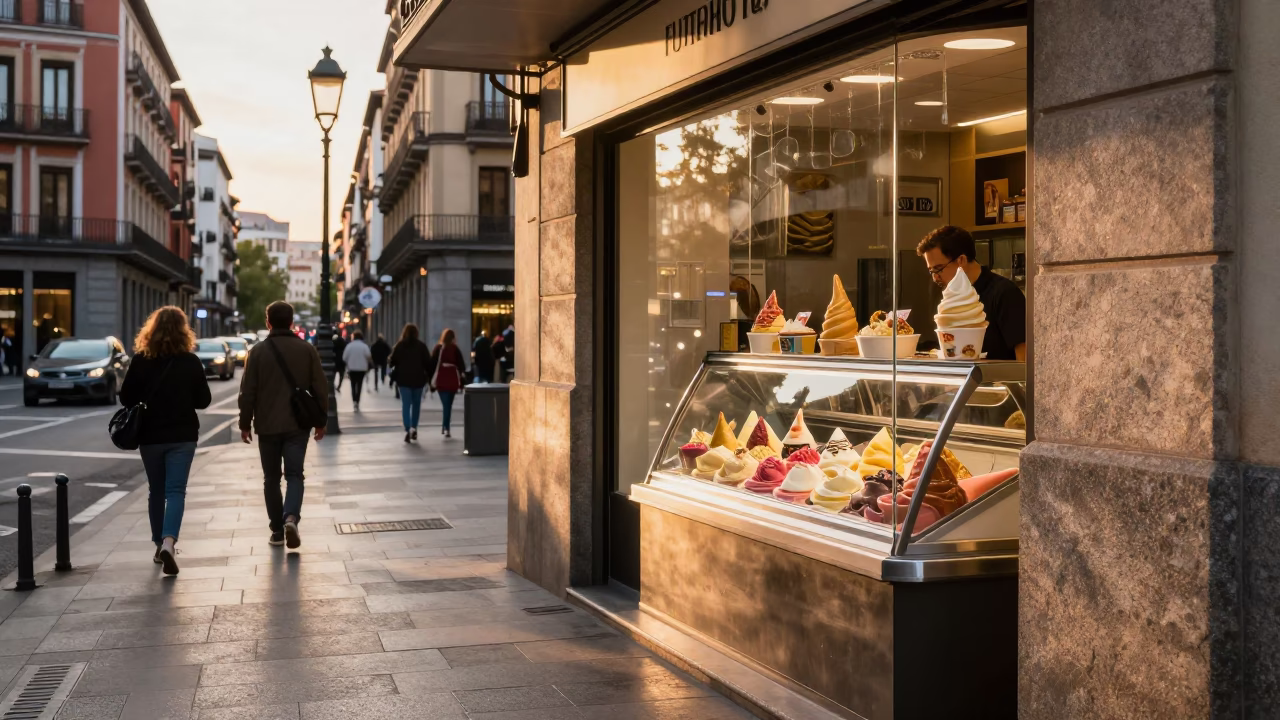 Golden Hour Madrid Street Scene with Gelato Display and Local Pedestrians in in Madrid, Spain