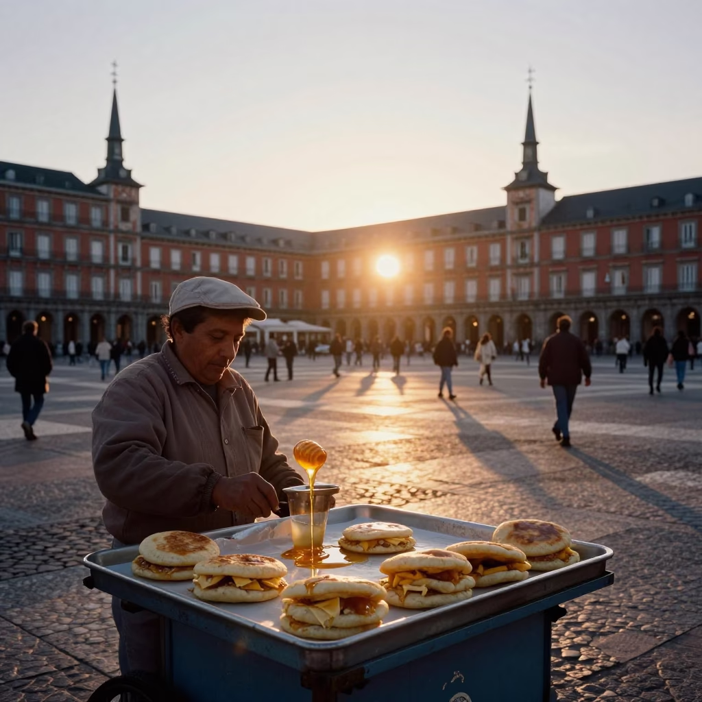 Golden Hour Madrid Street Scene with Honey Dripping Dipper and Cheese Arepas in in Madrid, Spain