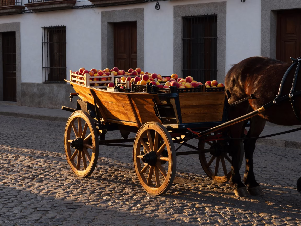 Golden Hour Madrid Street Scene with Horse-Drawn Cart and Nectarines in in Madrid, Spain