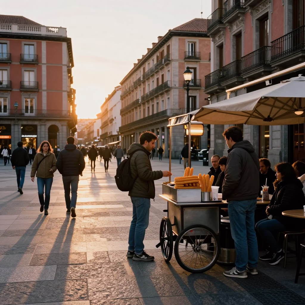 Golden Hour Madrid Street Scene with Local Café and Urban Details in in Madrid, Spain