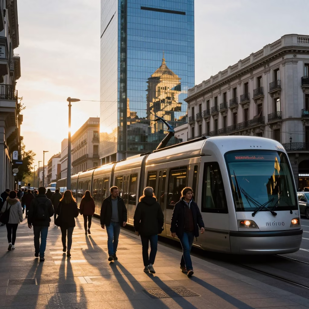 Golden Hour Madrid Street Scene with Monorail Reflection and Urban Details in in Madrid, Spain