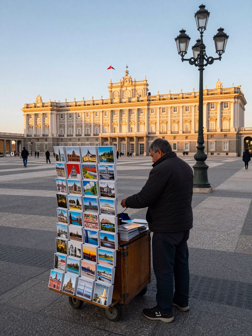 Golden Hour Madrid Street Scene with Postcards and Local Vendors in in Madrid, Spain