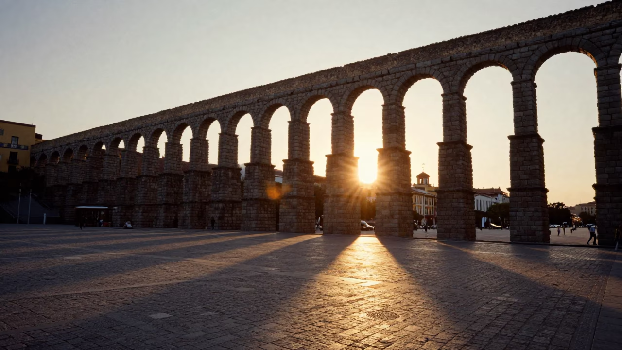 Golden Hour Madrid Street Scene with Roman Aqueduct and Bread Loaves in in Madrid, Spain