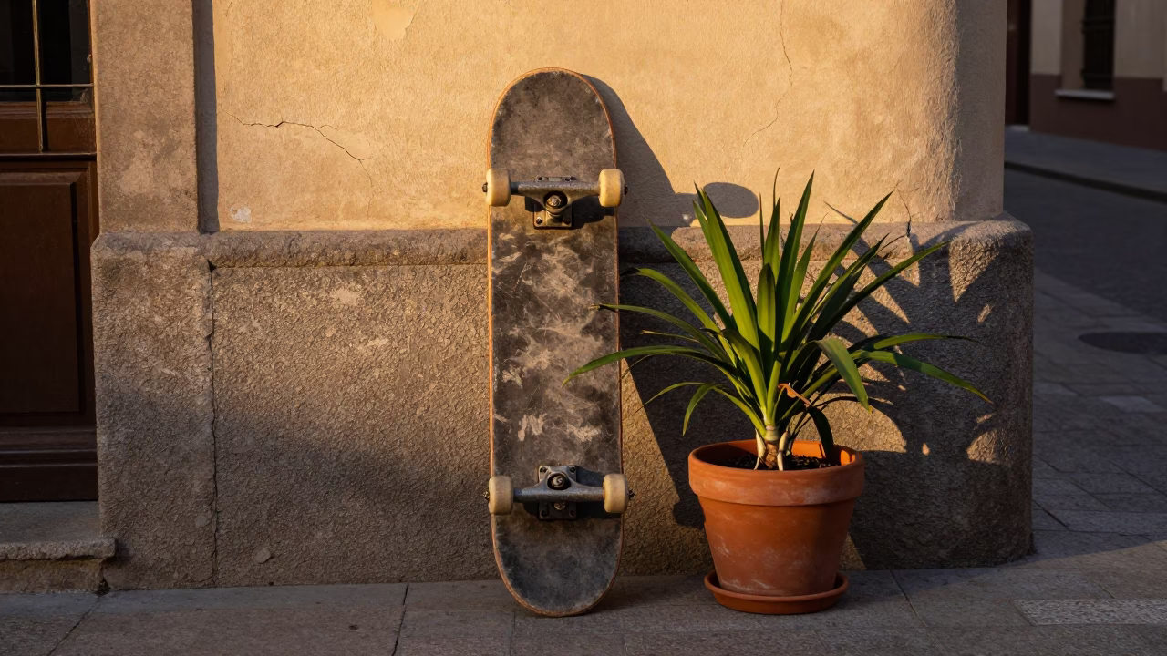 Golden Hour Madrid Street Scene with Skateboard and Houseplant in in Madrid, Spain