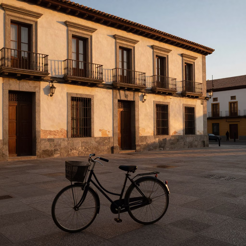 Golden Hour Madrid Street Scene with Vintage Bicycle and Traditional Spanish Architecture in in Madrid, Spain