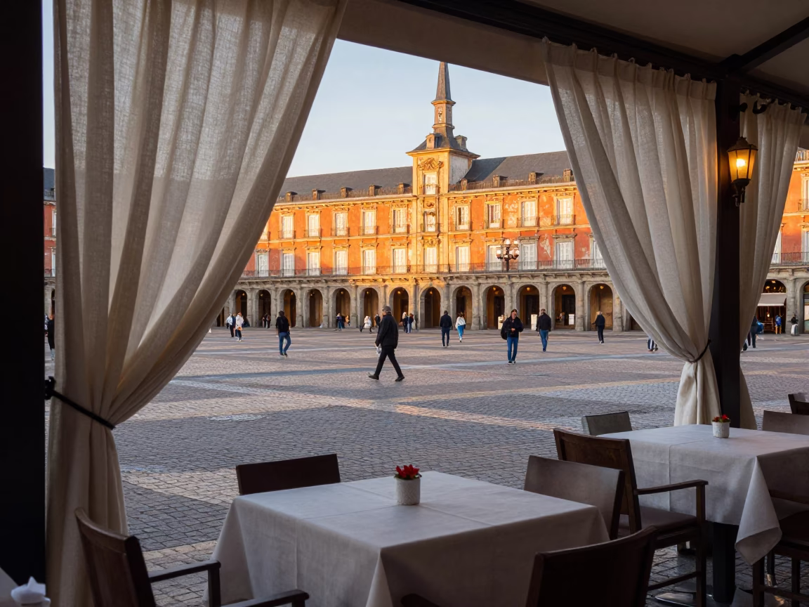 Golden Hour Madrid Street Scene with Vintage Linen Curtains and Classic Architecture in in Madrid, Spain