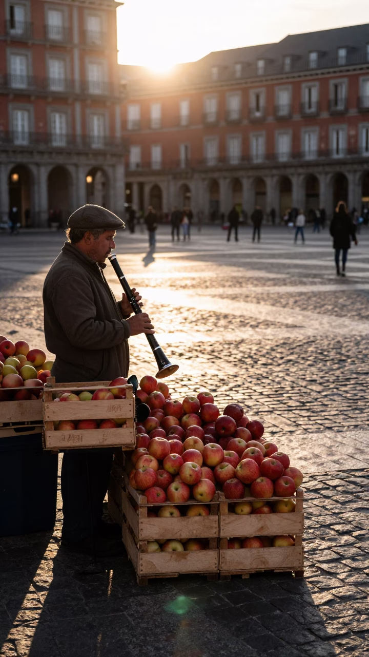 Golden Hour Madrid Street Scene with Vintage Recorder and Apples in in Madrid, Spain