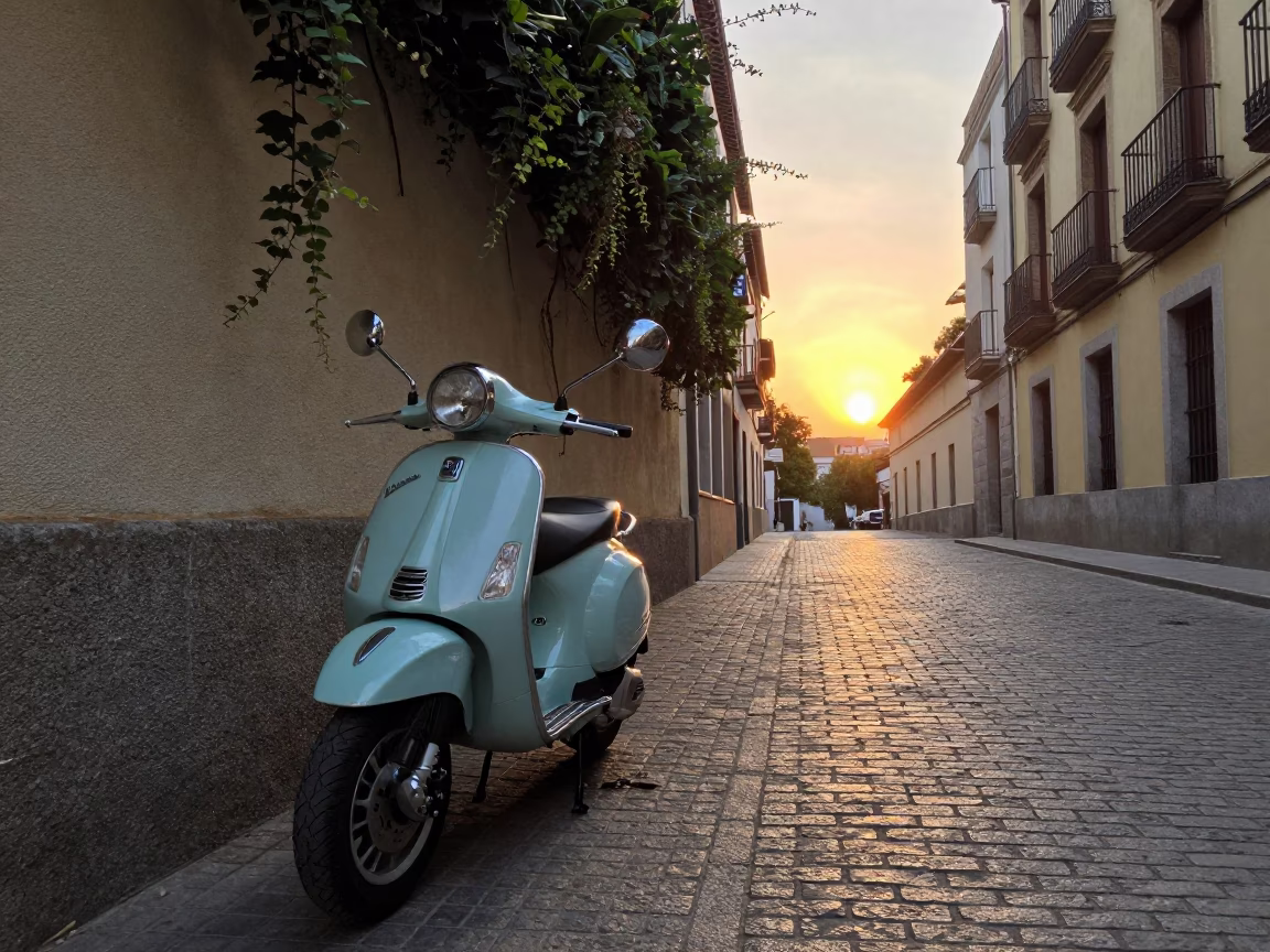 Golden Hour Madrid Street Scene with Vintage Vespa and Cobblestone Lane in in Madrid, Spain