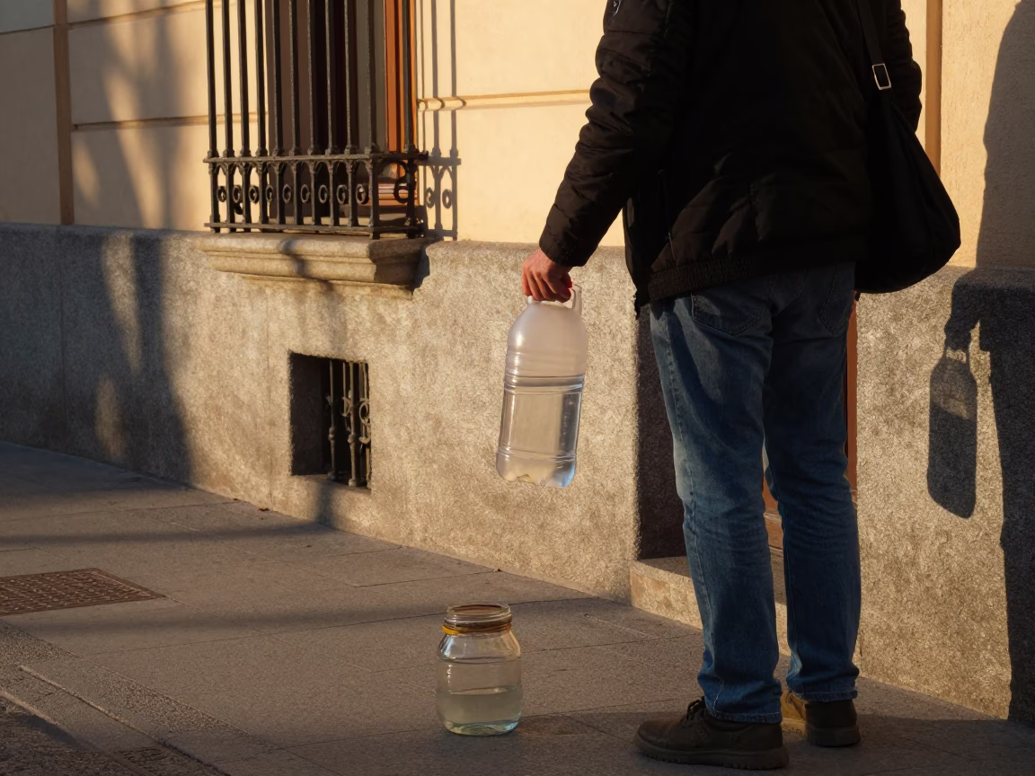 Golden Hour Madrid Street Scene with Watering Bottle and Glass Jar in in Madrid, Spain